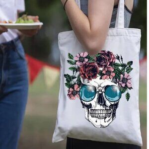 Skull Wearing Glasses and Flowers Bag Trick or Treat Halloween Tote